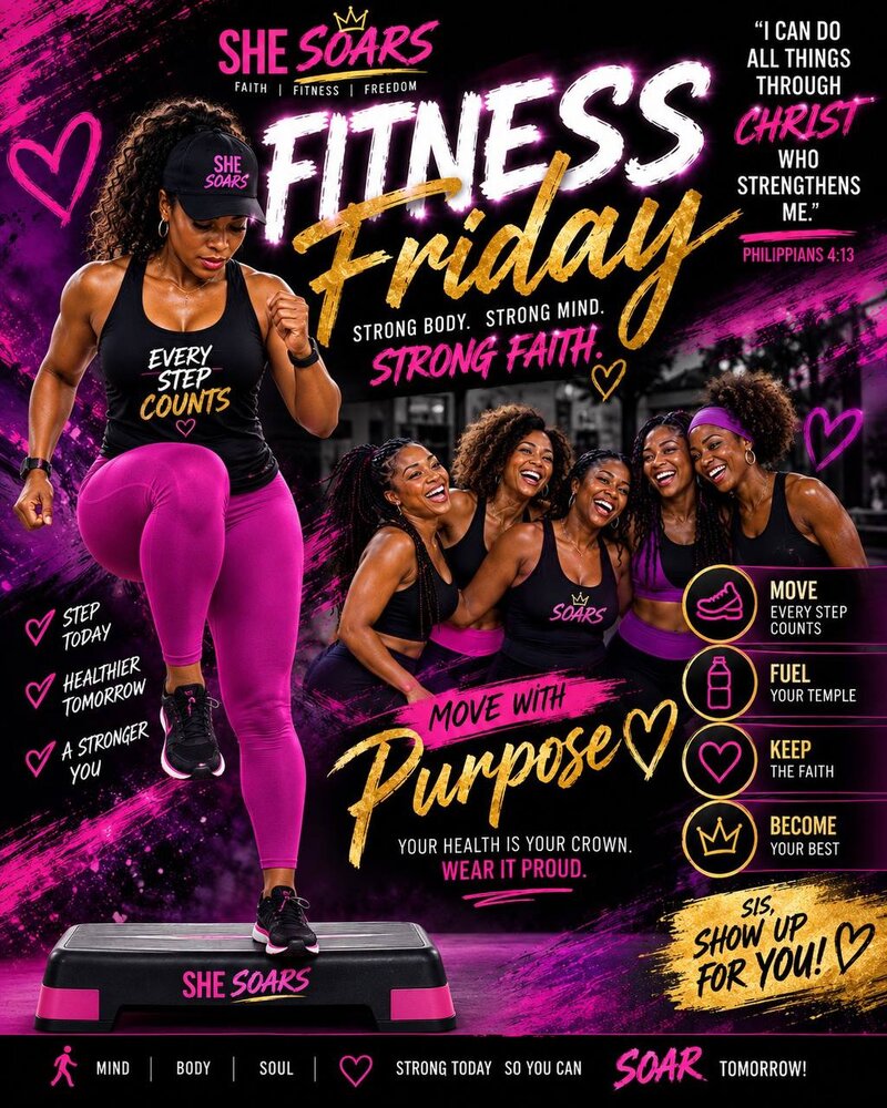 She SOARS Fitness Friday &mdash; Move With Purpose. Strong body, strong mind, strong faith. Move, fuel, keep the faith, become your best. Sis, show up for you!