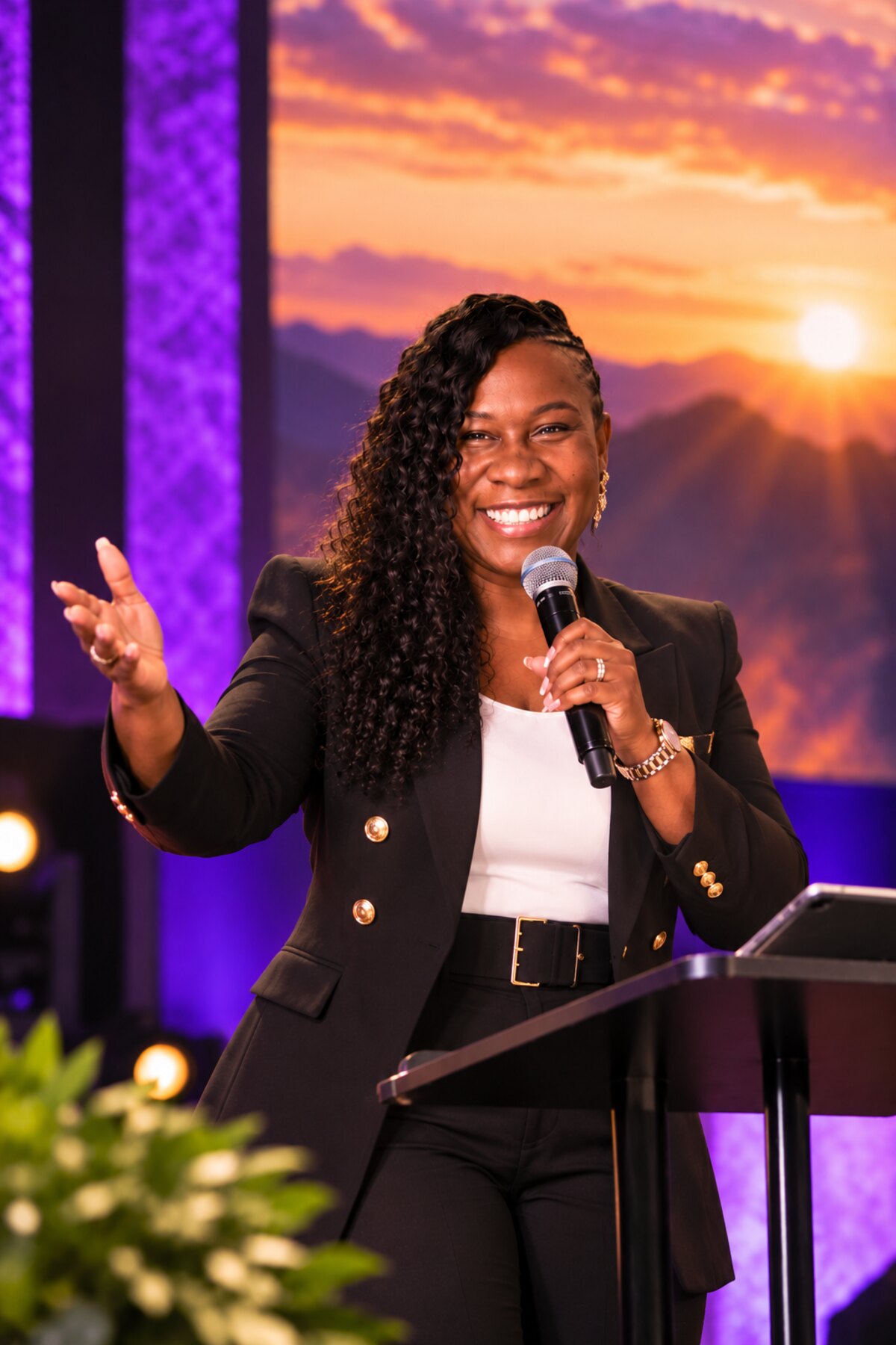 Pastor Helen ministering on stage before a mountain sunrise