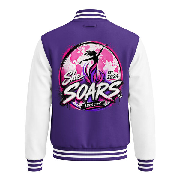 Letterman jacket back with the She SOARS logo