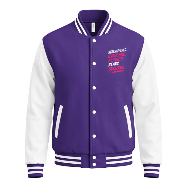 Purple and white letterman jacket with Strengthened Overcame Aligned Ready Secured on the chest