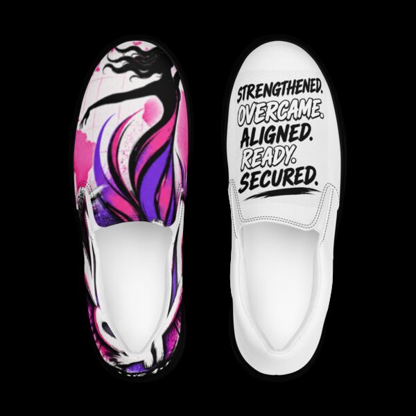 Slip-on canvas shoes with She SOARS artwork and SOARS acronym