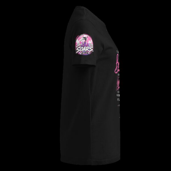 Black tee side view with She SOARS logo sleeve