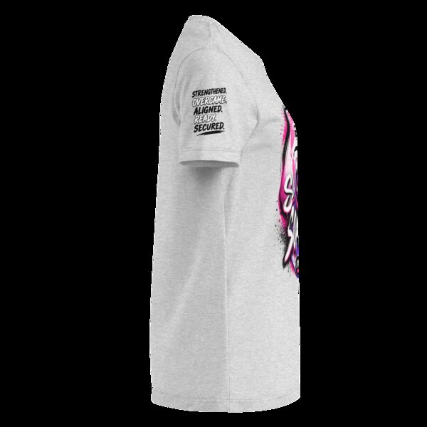 She SOARS tee in sport grey with Strengthened Overcame Aligned Ready Secured sleeve