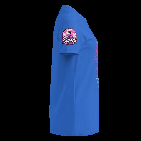 Royal blue tee side view with She SOARS logo sleeve