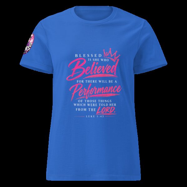 Blessed Is She Who Believed tee in royal blue