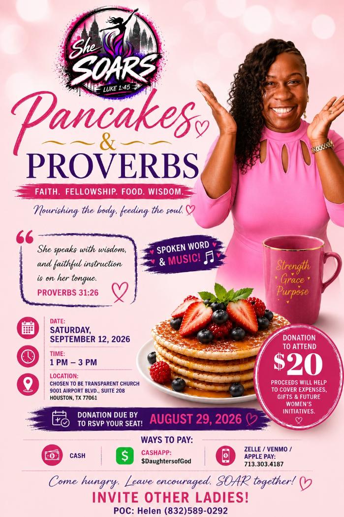 Pancakes and Proverbs flyer — Saturday, September 12, 2026, 1 to 3 PM at Chosen To Be Transparent Church