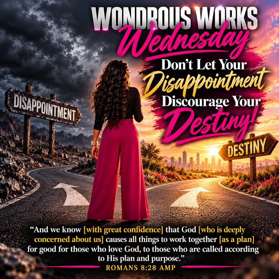 Wondrous Works Wednesday &mdash; Don't Let Your Disappointment Discourage Your Destiny! A woman stands at a crossroads between a dark road marked Disappointment and a sunlit road marked Destiny. Romans 8:28 AMP
