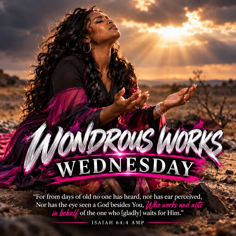 Wondrous Works Wednesday &mdash; a woman kneels in the desert with open hands as light breaks through the clouds. For from days of old no one has heard, nor has ear perceived, nor has the eye seen a God besides You, Who works and acts in behalf of the one who gladly waits for Him. Isaiah 64:4 AMP