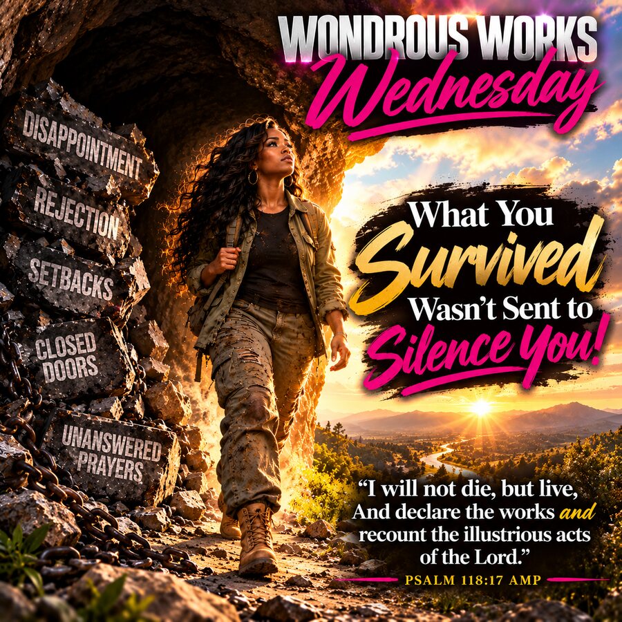 Wondrous Works Wednesday &mdash; What You Survived Wasn't Sent to Silence You! A woman walks out of a dark cave past stones marked disappointment, rejection, setbacks, closed doors, and unanswered prayers into a sunlit valley. Psalm 118:17 AMP